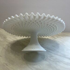 Vintage Hobnail Milk Glass Cake Stand by Fenton with Ruffled Pie Crust Edge - C.